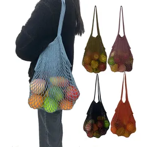 批发高品质热卖轻质可折叠可重复使用野餐沙滩糖果色针织网果网购物手提袋