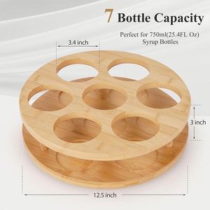Rotating Double Tier Coffee Syrup Organizer Bamboo Countertop <b>Bottle</b> <b>Rack</b> for 7 Beverage <b>Bottles</b> Water & Wine - Product Image 3