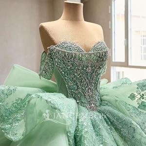 Rsm261134 Elegant Off Shoulder Heavy Beaded Glitter Fabric Tiered Ruffle <b>Mint</b> Ball Gown Quinceanera <b>Dress</b> Prom Jancember - Product Image 4