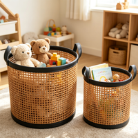 Ensemble de paniers de rangement cylindriques en bois tressé, paniers en lattes naturelles avec poignées en cuir PU pour la lessive et la décoration intérieure