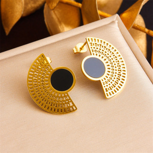 European American Style Gold Plated Stainless Steel Hollow Fan Shape Stud Earrings Geometric Party Jewelry E5855 - Product Image 1