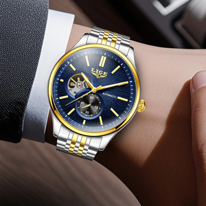 Montre mécanique automatique LIGE LG6833 en acier inoxydable, cadran bleu or blanc, squelette, tourbillon, montre de luxe pour homme - Product Image 5