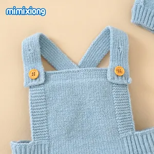 Yeni tasarım tüm şekillendirme bebek giyim seti yenidoğan dikey çizgili desen düz renk örme bebek Romper şapka ile setleri