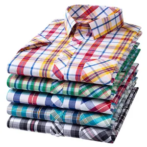 Summer men's 100% cotton short-sleeved plaid shirt casual business professional tooling cotton shirt