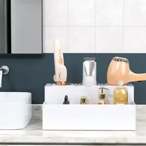 Bathroom Clear Hair Tools Organizer White Acrylic Hair Dryer Holder With 3 Cups