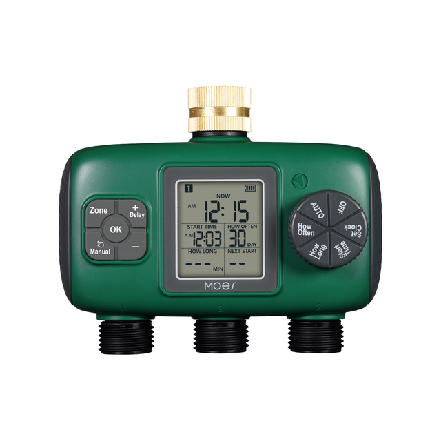 MOES 3-Outlet Water Timer Brass Inlet IPX5 Waterproof Knob Button Automatic Irrigation LCD Display Screen Garden Sprinkler