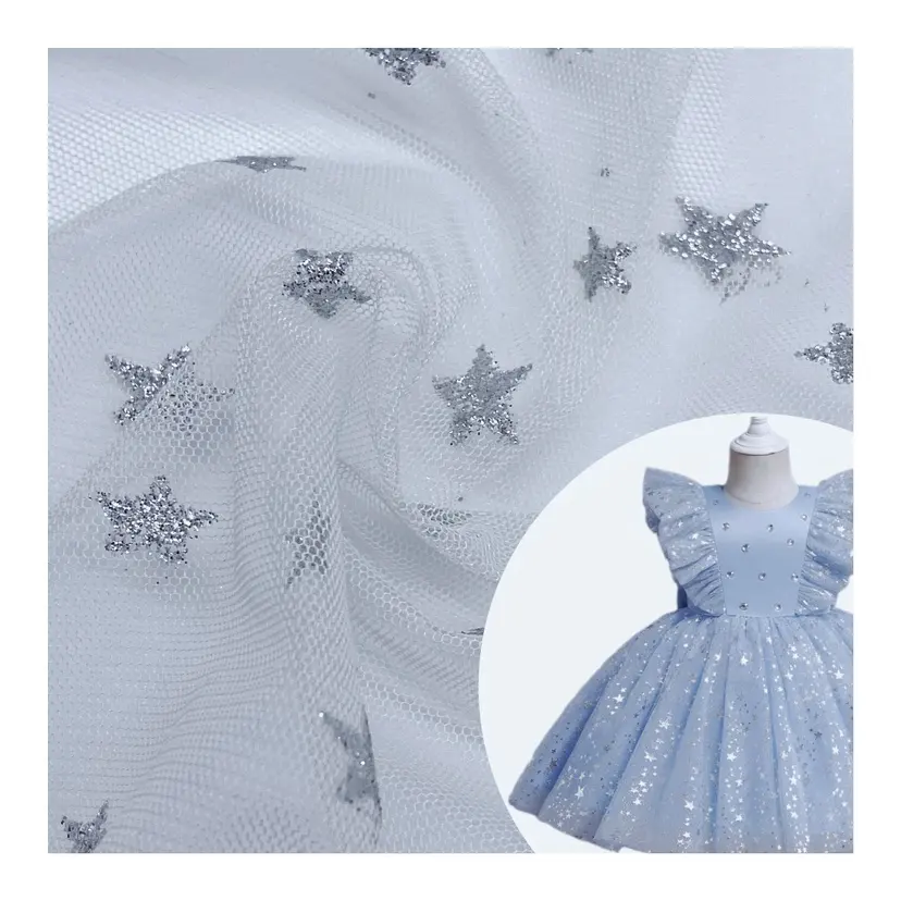 Décoration de fête de noël 100% polyester paillettes étoile tulle tissu pour shinny fête mariage déguisement