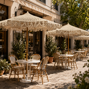 Parasol en corde de coton tressée à la main LS avec pompons décoratifs en macramé, idéal pour patio, plage, café en plein air - Product Image 1