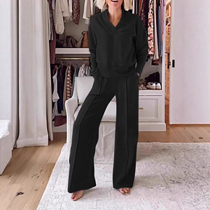 Ensemble décontracté pour femmes, sweat-shirt à manches longues et col en v, pantalon de couleur unie, Smlxl2xl3xl4xl5xl, Europe, Amérique, Asie du Sud-Est - Product Image 3