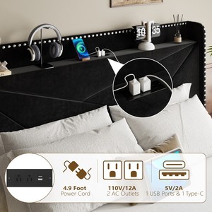 Cadre de lit intelligent avec rembourrage doux et confortable, tiroirs intégrés, taille Queen et King, en tissu, avec rangement - Product Image 2