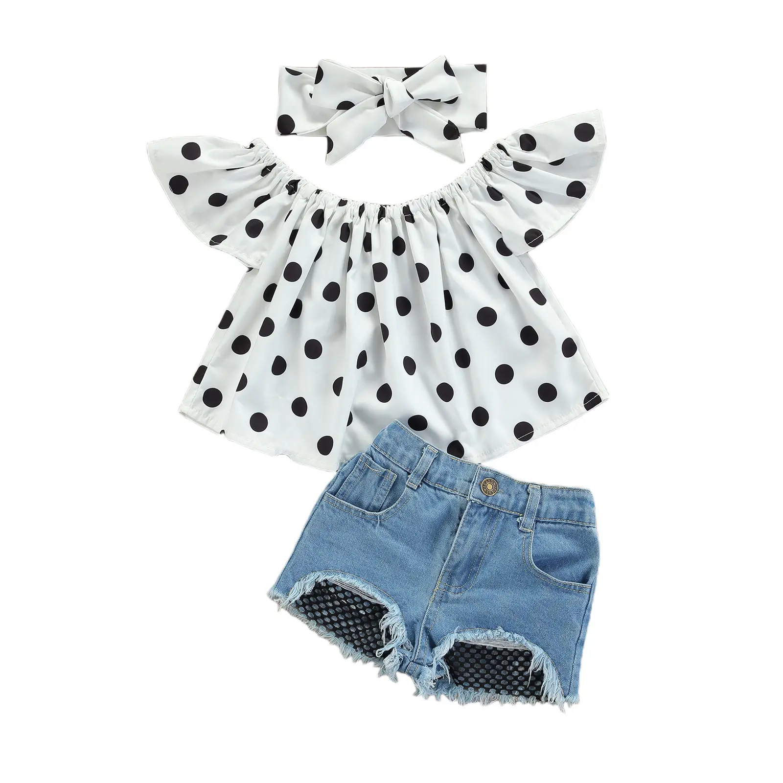 Kinder Sommer Baby Kleidung Mädchen Mode Chiffon Wave Point Gerade Schulter Top Denim Shorts Zweiteiler Mädchen Kleidung Sets