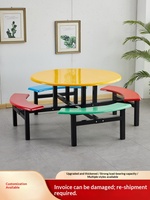 Table de cantine commerciale avec bancs intégrés et tabourets ronds, structure métallique, sièges de cafétéria pour écoles, vente en gros pour usines
