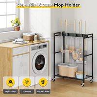 Meuble de rangement mobile double moderne pour usage domestique et professionnel, avec support pour balais et serpillères, en métal, pour salon