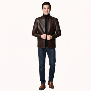 Veste en cuir de vache véritable pour homme, coupe ajustée, col montant, logo sur le devant, style vintage, veste varsity - Product Image 1