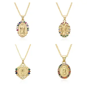 Rainbow Zircon Copper Portrait Pave Colorful Cz Disc Necklaces Maria Charm Choker Jewelry