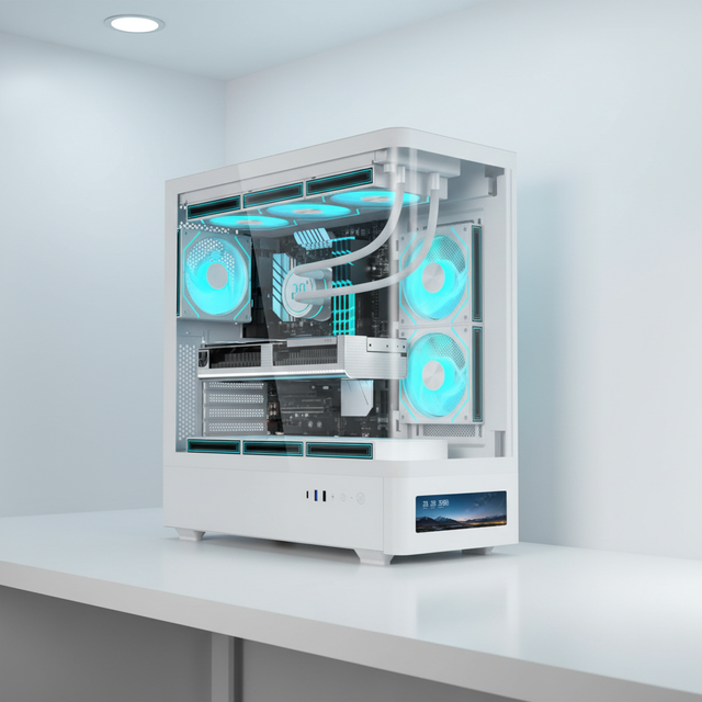 SOEYI Stock Black White Curved CPU Gaming Computer Cases & Towers Wholesales Atx Gaming Pc Case LCD Screen Display