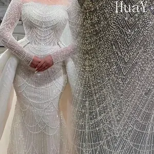 HY2825 beaded tulle lace bridal white lace fabric embroidery Beads fabrics sequins for women wedding dress fabric