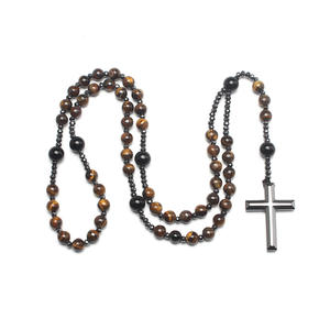 Perline di rosario di pietra naturale santo cattolico occhio di tigre collana di perle di pietra di gesus crocifisso medaglia croce amuleto religioso doni di preghiera - Product Image 2