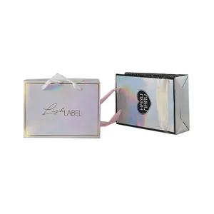 Custom Luxury Printing Logo Holographic Shiny Jewelry Gift Packing Paper Bag With Ribbon Handle