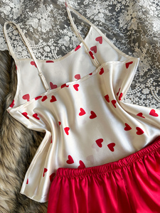 Ensemble pyjama 2 pièces pour femme, imprimé cœurs, haut à fines bretelles et <span class=keywords><strong>short</strong></span> à volants, style Saint-Valentin, vêtements de détente et de nuit - Product Image 5