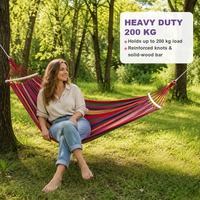 Hamac en toile avec barre de maintien en bois, lit suspendu rayé en polycoton, 260x80cm, capacité de charge de 120kg, pour le camping en plein air