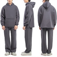 Ensemble de survêtement décontracté deux pièces pour homme, gris foncé délavé, imprimé, en molleton écologique, comprenant un sweat à capuche oversize et un pantalon de survêtement à jambes larges