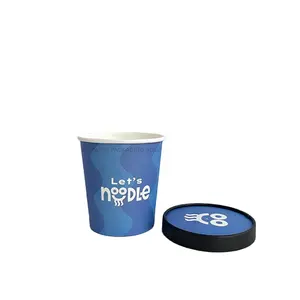 Logo bianco riciclabile personalizzato stampato 400ml blu motivo onda di anguria tazza di carta con coperchio per zuppa di Noodle Gelato Gelato