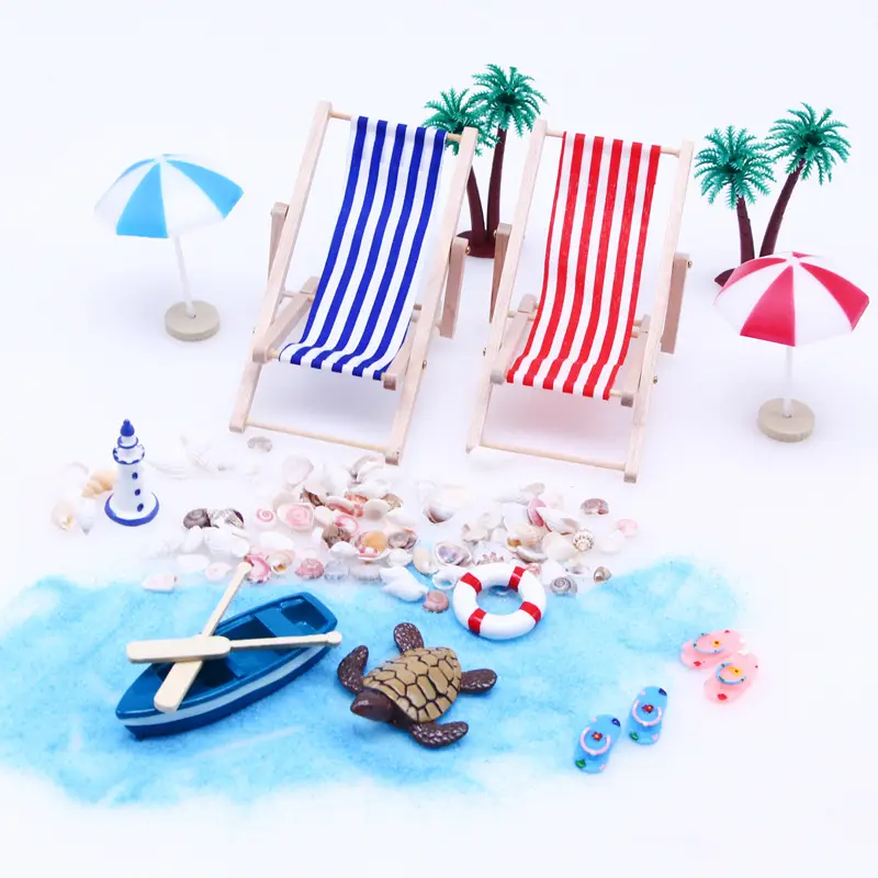 Conjunto de praia personalizado mini micro paisagem verão concha guarda-sol cadeira de praia de madeira rio paisagem ornamentos