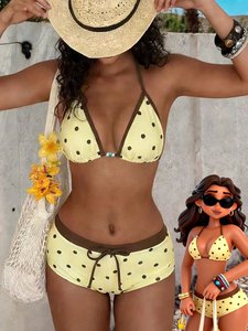 Ensemble de bikini jaune et marron à pois, haut triangle dos nu et short de bain à cordon, maillot de bain deux pièces pour femme, vente en gros - Product Image 3