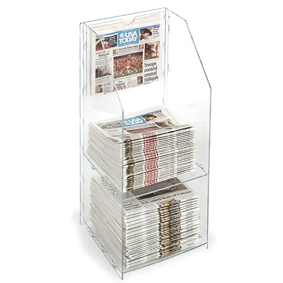 Estante de acrílico escalonado para mesa, estante de exhibición de periódico acrílico, transparente
