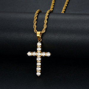 Collier pendentif croix en acier inoxydable avec zircon incrusté, serti pavé, bijou unisexe, style hip-hop - Product Image 2