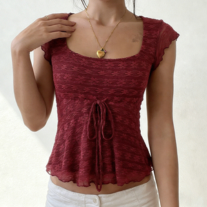 Camiseta sin Mangas con Estampado Floral, Transpirable, Tejida, Ecológica, con Cuello Cuadrado, Adorno de Volantes, Lazo Delantero, Estilo Casual y Fresco - Product Image 4