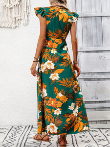 Vestido de Verano Casual para Mujer 2026, Cintura Natural, Elegante, Poliéster, Cuello en V, Mangas con Volantes, Estampado Floral, Abertura Lateral - Product Image 4