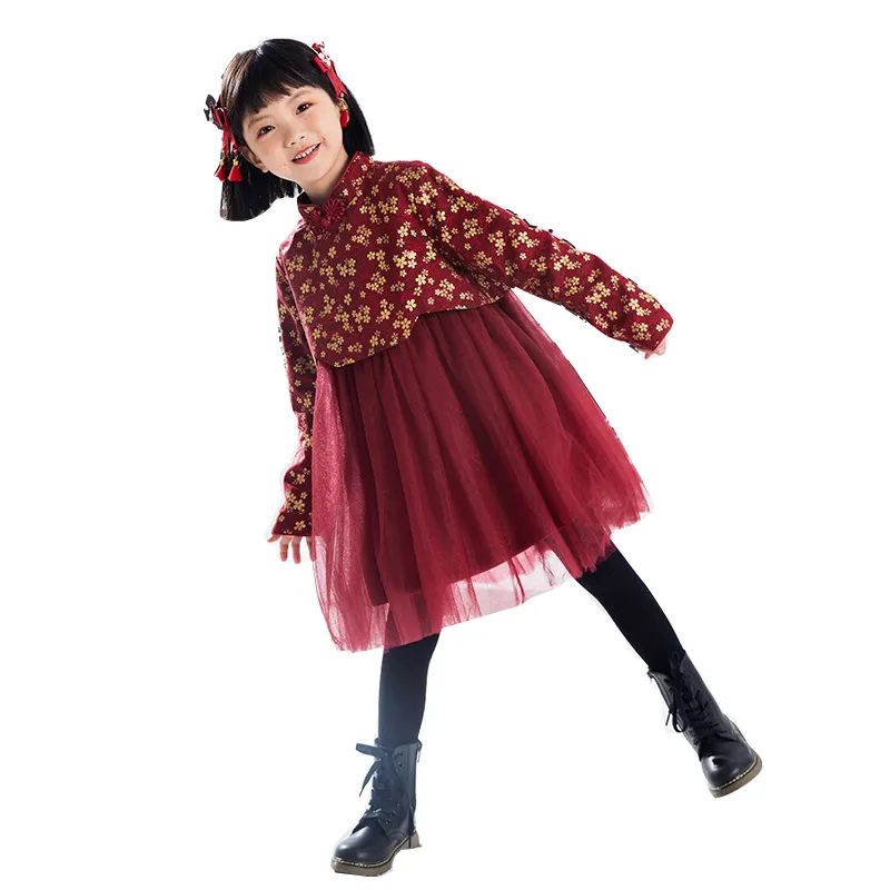 New Arrival Chinese Style Girl Child Dress Red Color Floral Long Sleeve Baby Cheongsam Dress For Spring