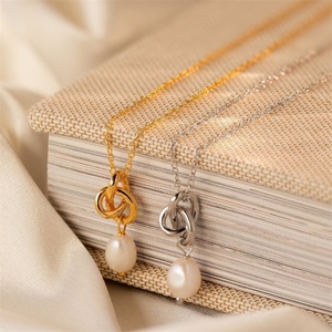 Dainty Elegant Pearl Jewelry Set 18k Gold Plated Stainless Steel Knot Pearl Pendant Necklace Earrings Jewelry Sets for Women - Product Image 5