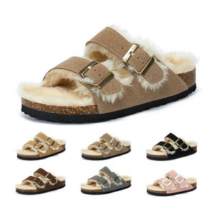 Sandales d'hiver personnalisées en fourrure de liège pour hommes femmes chaussures plates d'extérieur chaussures à glissière en liège pour hommes pantoufles en faux daim usage quotidien - Product Image 1