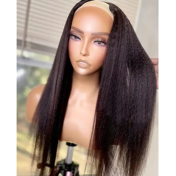 Long Upart Machine Wig Dark Brown #2 Color Light Yaki Straight Full Raw Hair No Lace U Part Wigs For Black Women