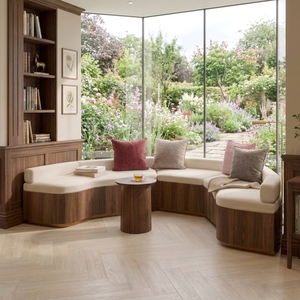 VIQ Contemporary Minimalist <b>Corner</b> <b>Bench</b> Custom Upholstered with plush cushions, giving it a soft, sink-in comfort - Product Image 1