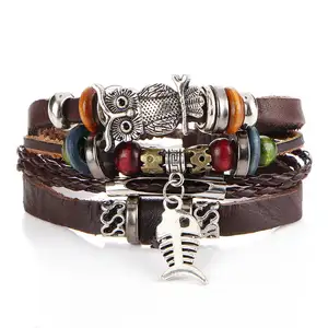Nouveau bracelet en cuir perlé multicouche rétro hibou charme de poisson pendentif bracelets bracelets en gros