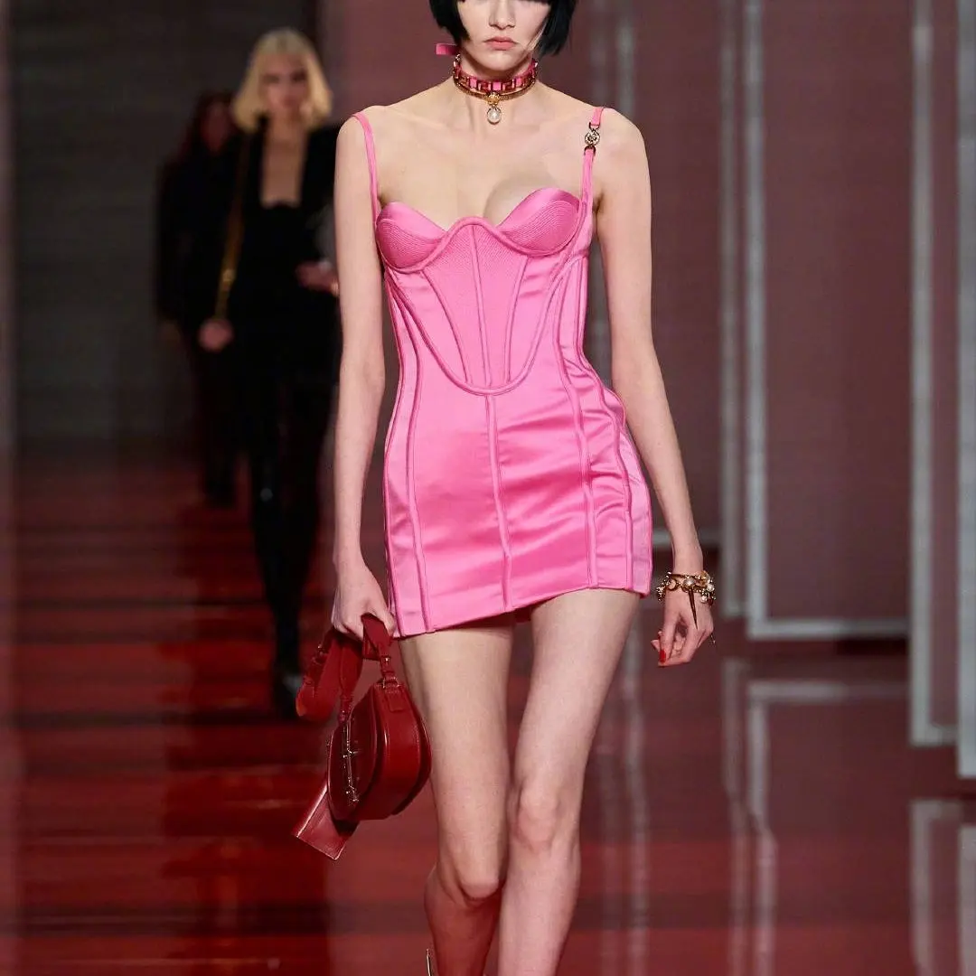 França luxo clube espartilho festa senhora cetim feminino y2k bodycon porm mini vestido de noite elegante liso rosa vestidos de noite para mulher