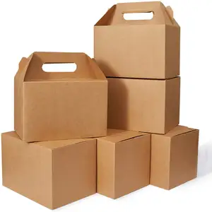 Happyhiram 30 CT 9x6x6 Large Box Lunch Boxes Cardboard Paper with Handles Kraft Brown, Gable Gift Party Favor Boxes