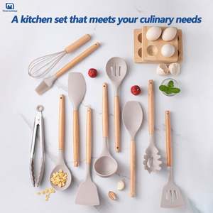 BPA Free Kochgeschirr Set Silikon löffel Spatel Turner Zange <span class=keywords><strong>12</strong></span> PCS Holzgriff Küchen utensilien Set - Product Image 3