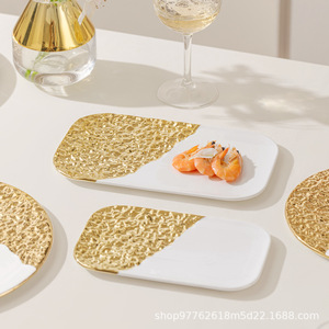 Assiette en céramique blanche à bord doré, motif rocheux, pour restaurant, hôtel, dîner élégant, steak, pâtes, salade - Product Image 3