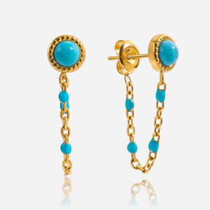 Boucles d'oreilles pendantes en turquoise bleue avec chaîne et pampille, en acier inoxydable, serti clos, bijoux de soirée - Product Image 1