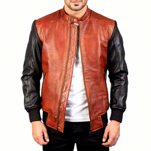Chaqueta de Cuero Genuino para Hombre, Color Coñac, con Mangas Negras, Cuello con Broches, Cierre de Cremallera y Solapa, Chaqueta Bomber de Piel de Oveja, Personalizada en Dos Tonos Marrón Óxido - Product Image 1