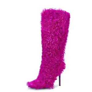 女式冬季保暖粉色紫红色毛茸茸长蓬松及膝毛皮高跟鞋模糊泰迪靴
