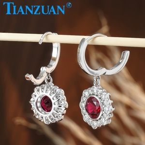 Pendientes <span class=keywords><strong>de</strong></span> Aro Redondos <span class=keywords><strong>de</strong></span> Plata <span class=keywords><strong>de</strong></span> Ley 925 con Rubí Creado en Laboratorio y Moissanita Redonda Lateral, Joyería para Regalo, Uso Diario o Fiestas - Product Image 3