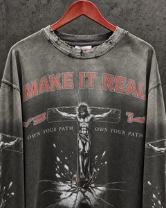 เสื้อยืดผู้ชายสไตล์กรันจ์ย้อนยุคแบบขายส่ง พิมพ์ลายกราฟิกสองด้าน สีซีดแบบซันเฟด ขาดรุ่ย ทรงหลวม สั่งทำได้ - Product Image 2