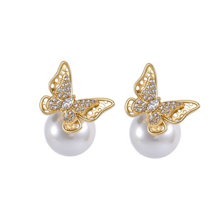 Dinle Butterfly Pearl <b>Stud</b> Earrings S925 Sterling <b>Silver</b> For Women Everyday Wear - Product Image 3