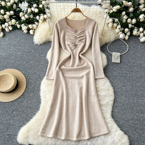 <span class=keywords><strong>Abiti</strong></span> da donna con collo quadrato a scompiglio con bottone <span class=keywords><strong>manica</strong></span> <span class=keywords><strong>lunga</strong></span> e cintura in maglia abito da donna <span class=keywords><strong>al</strong></span> <span class=keywords><strong>ginocchio</strong></span> elegante maglione - Product Image 1